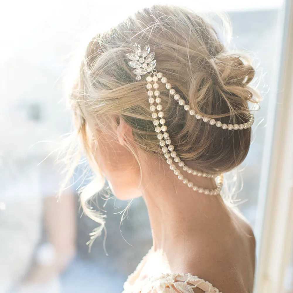 New Multi-layer Pearl Hair Chain Womens Simple Retro Bridal Wedding Headpiece High-end Fashion Rhinestone Plug Comb Z250605