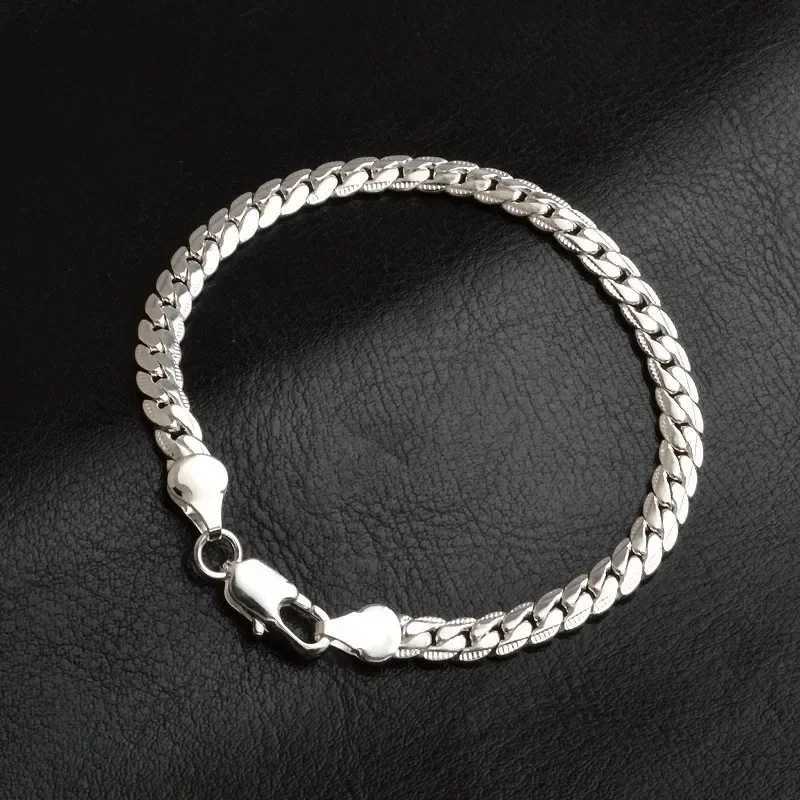 925 Sterling Silver Bracelet 6mm 18cm Flat Side Chain Lobster Clasp For Women Men Wedding Engagement Jewelry Silver Bracelet W250606