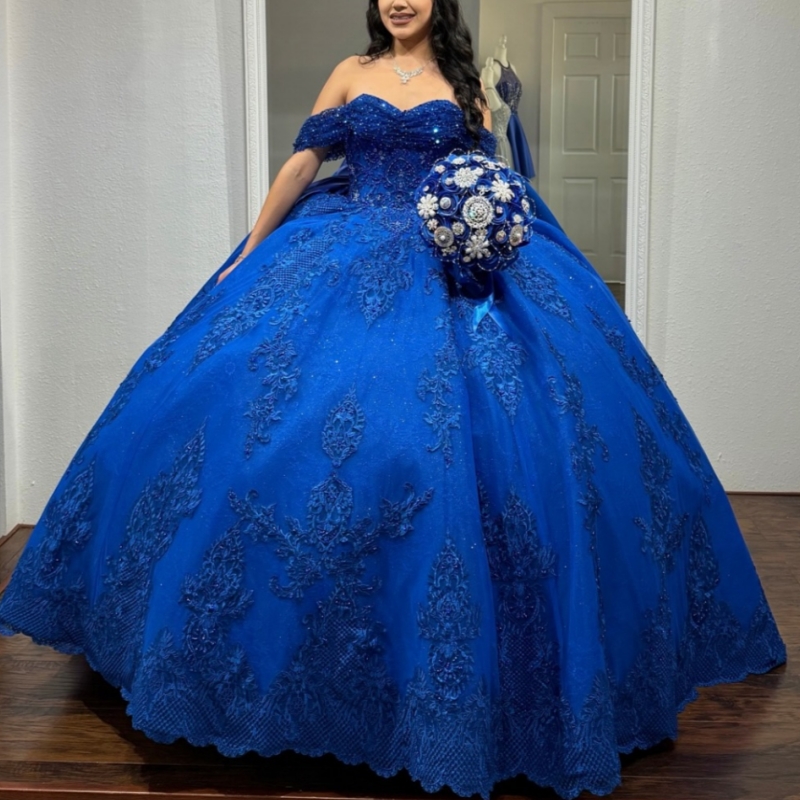 Royal Blue Shiny Quinceanera Dresses Ball Gown Off The Shoulder Applique Lace Beads Bow Tull Sweet 16 Dress Vestidos 15 De Anos