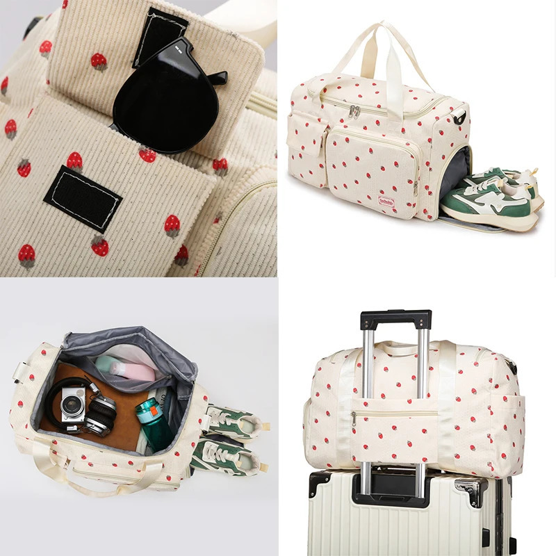Cute Strawberry Travel Bag Handbags Large Capacity Carry On Luggage Bags Girl Women Shoulder Outdoor Tote Corduroy Sport Gym Bag 250605