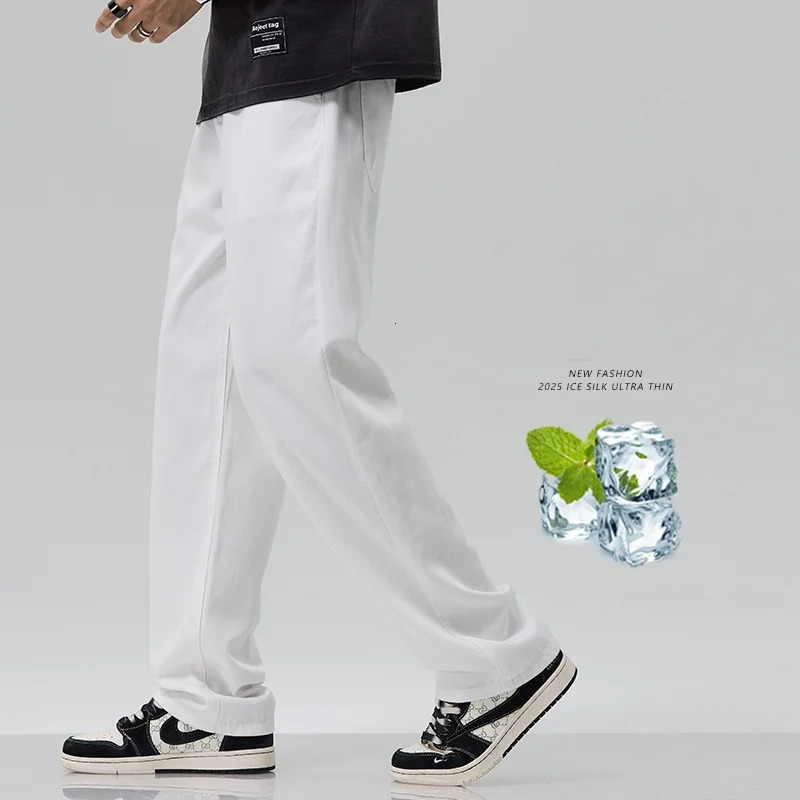 Mens White Jeans Summer Thin Ice Silk Loose Straight Leg Wide Leg Pants Fashionable Washed and Hanging Casual Versatile Pants 250605