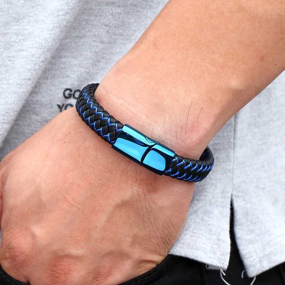 XQNI Classic Luxury Blue Color Leather Combination Stitching Blue Color Simple Buckle For Stainless Steel Leather Mens Bracelet W250606