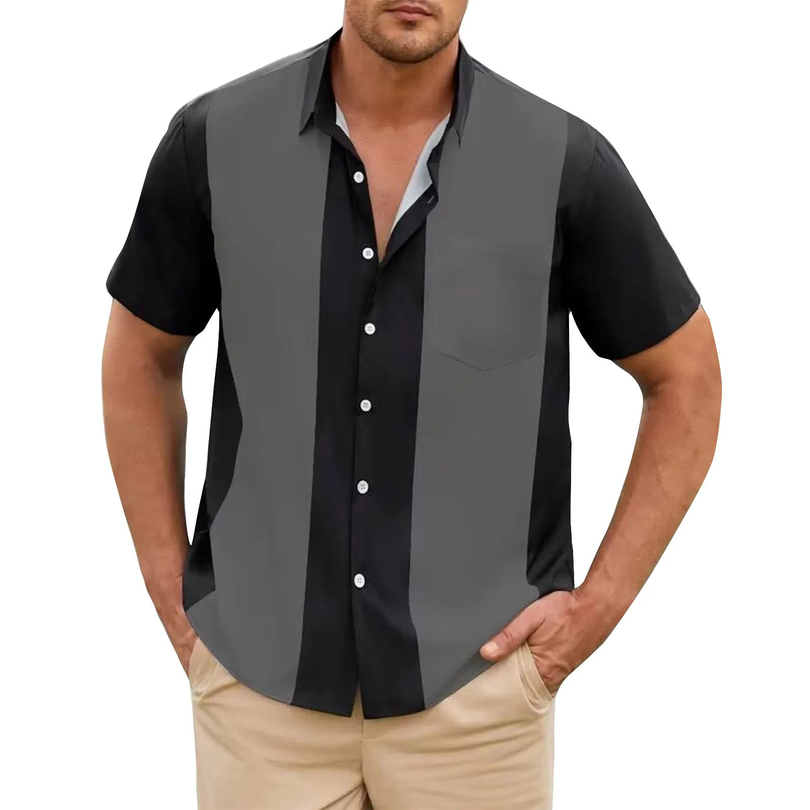 Fashion Business Stripped Splicing Shirt For Men Vintage Casual And Versatile Button Down Bowling Short Sleeve Summer T-Shirt 250605