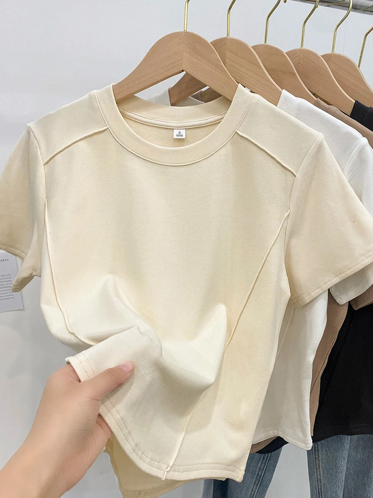 Solid color round-neck short-sleeved slim T-shirt for women 2025 summer and Europe 250605