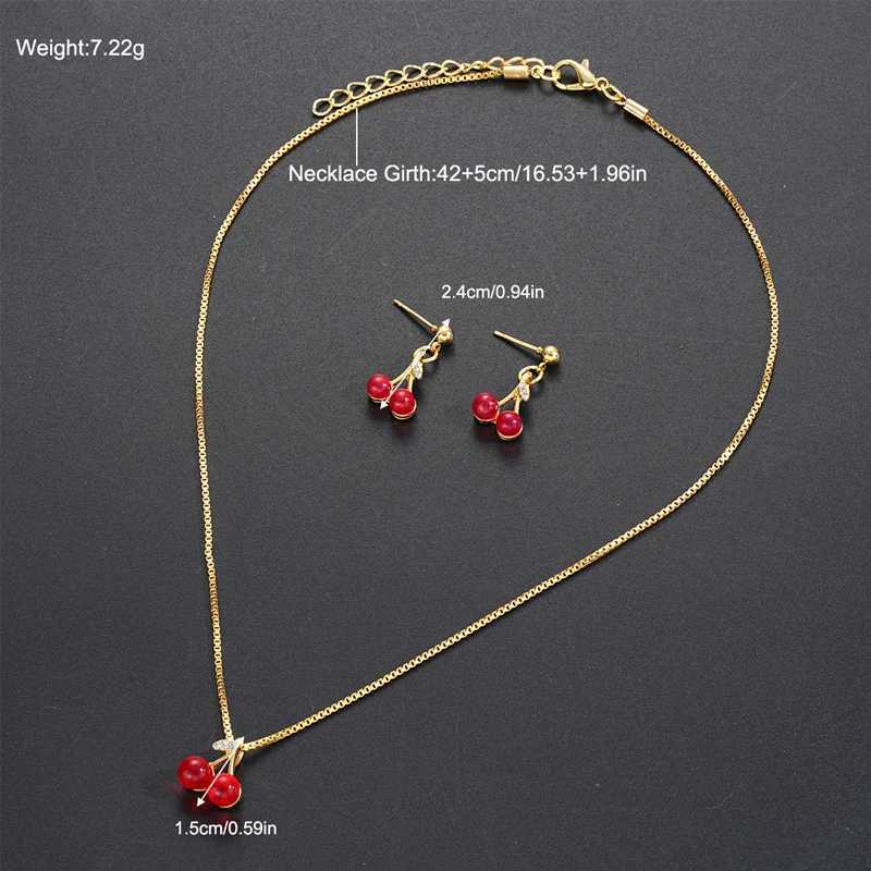 3PCS Exquisite Red Cherry Pendant Jewelry Sets For Women Fashion Gold Color Crystal Necklaces Stud Earrings Party Birthday Gifts Y250605
