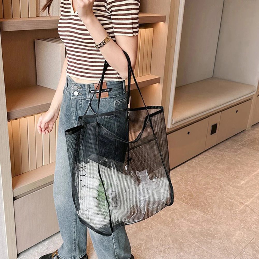 Mesh Beach Bag Cosmetic Pouch Large Tote with Zipper Pocket for Family Pool Toys Vacation Essentials 250605