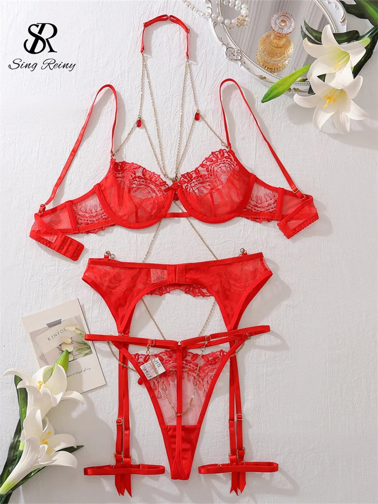 SINGREINY Chain Halter Sensual Underwear Sets Sexuality Garter Skinny Shapewear Women Lingerie Spliced Sheer Erotic Bra Suits 250603