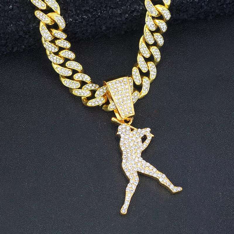 Custom Mens Baseball Star Pendant Street Hip Hop Full Diamond Cuban Chain Necklace