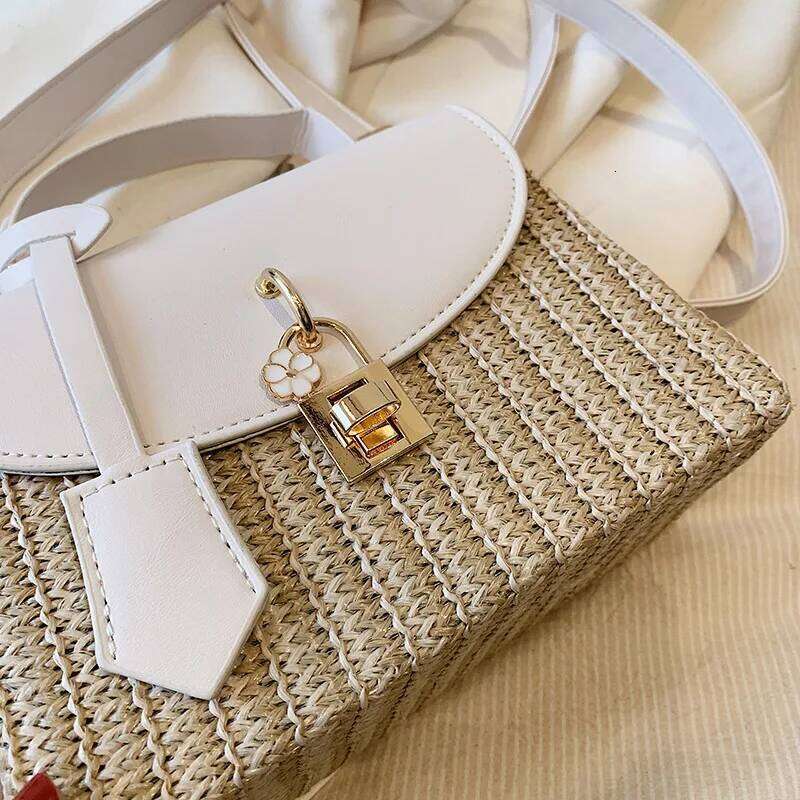 Fashion Straw Splicing Pu Leather Flap Handbag Hand-woven Box Rattan Women's Crossbody Messenger Casual Summer Beach Bag