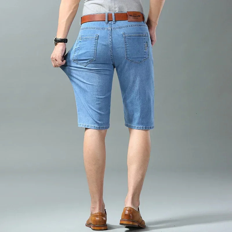 Summer Mens Denim Shorts Fashion Light Color Casual Loose Multi-pocket Straight Five-minute Pants Elastic Knee Shorts 250530