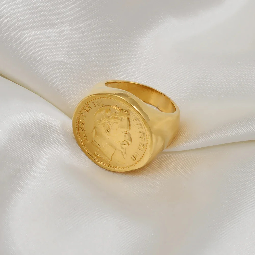 Anniyo Napoleon III Empereur Coin Ring Gold Plated Metal Ring for Women MenFrench African Arab Turkey Wedding Jewelry #097106 250604