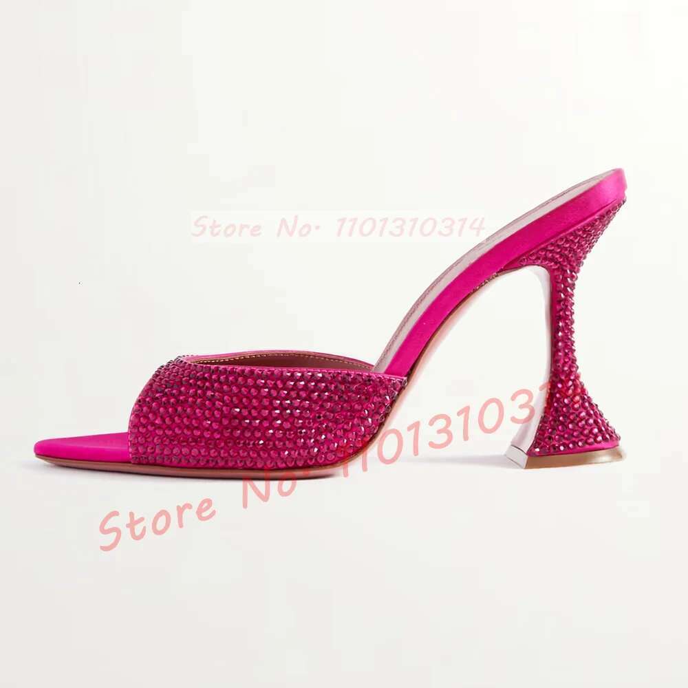 Rhinestones Square Toe Satin Slippers Women Elegant Wine-glass High Heels Shoes Ladies Spakling Evening Stiletto Mules