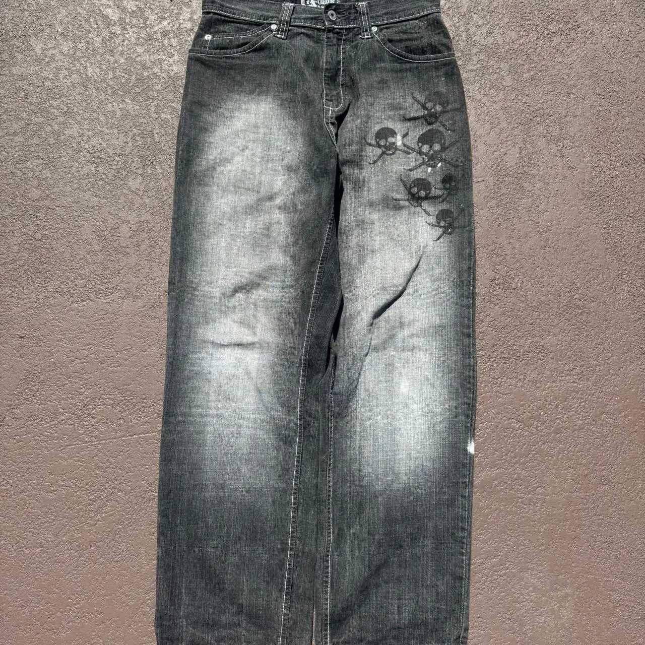 New High Street Trendy Pocket Skull Pattern Loose Jeans Mens European American Gothic Casual Wide Leg Straight Pants Y2K Jeans Z250605