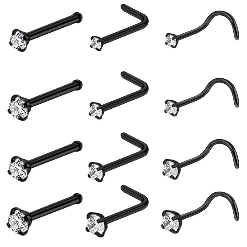 4/12PCS Stainless Steel Zircon Nose Piercing Stud Set L Shape Nose Ring Lot Twist Nose Ring Stud Bulk Body Piercing Nariz Pack 250605