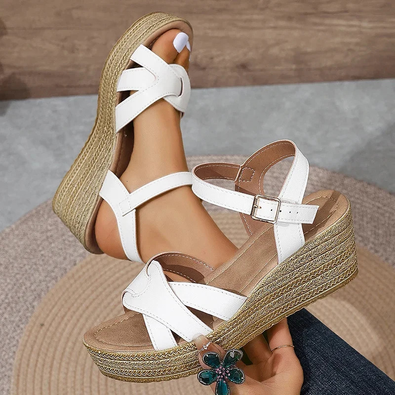 Lucyever Chunky Platform White Sandals Wome Summer Pu Leather Wedge Heels Sandalias Woman Ankle Straps Thick Sole Sandles Mujer 250605