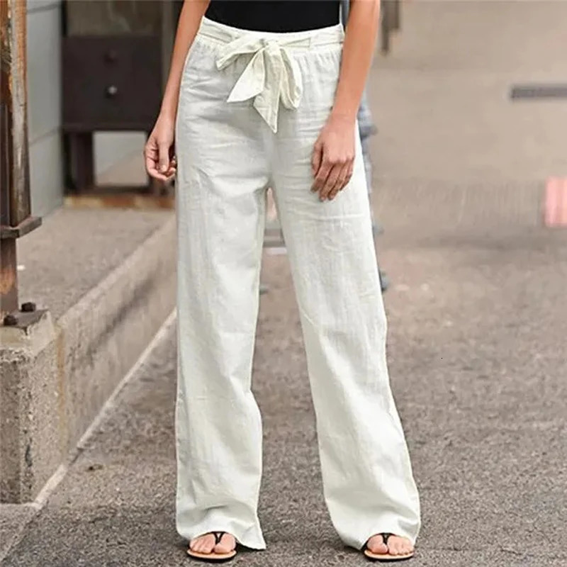 Women Cotton Linen Pants Summer Fashion Elastic Waist Loose Straight Pants Female Casual Solid Color Ankle-length Trousers 250605