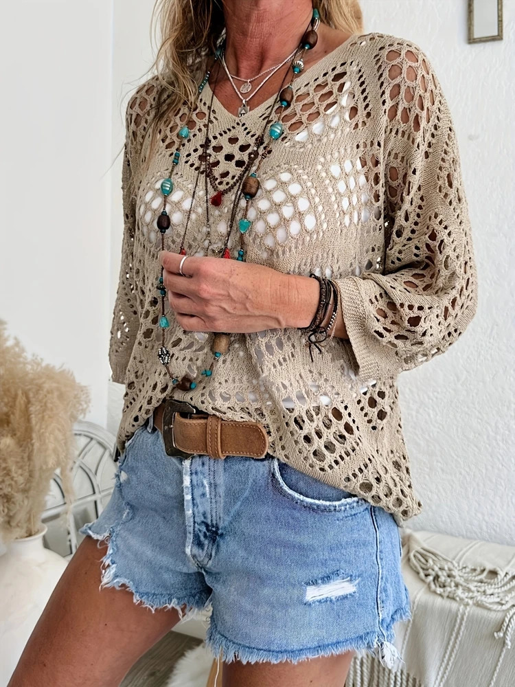 Fashionable and elegant large perforated top womens hollow knit sweater versatile sweater 250605