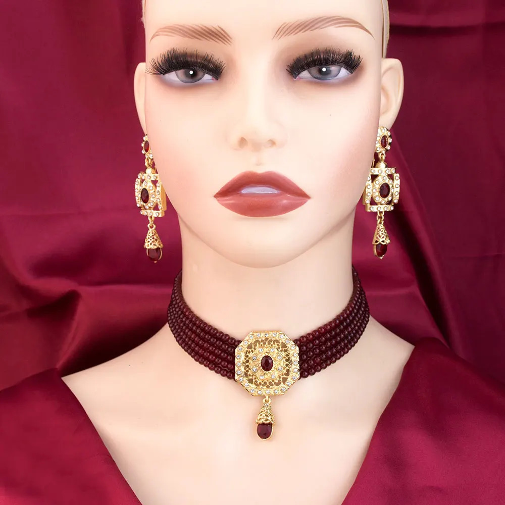 Sunspicems Algeria Beads Choker Necklace String Neck Chain Square Earring For Women Morocco Caftan Jewelry Arabic Bridal Bijoux 250530
