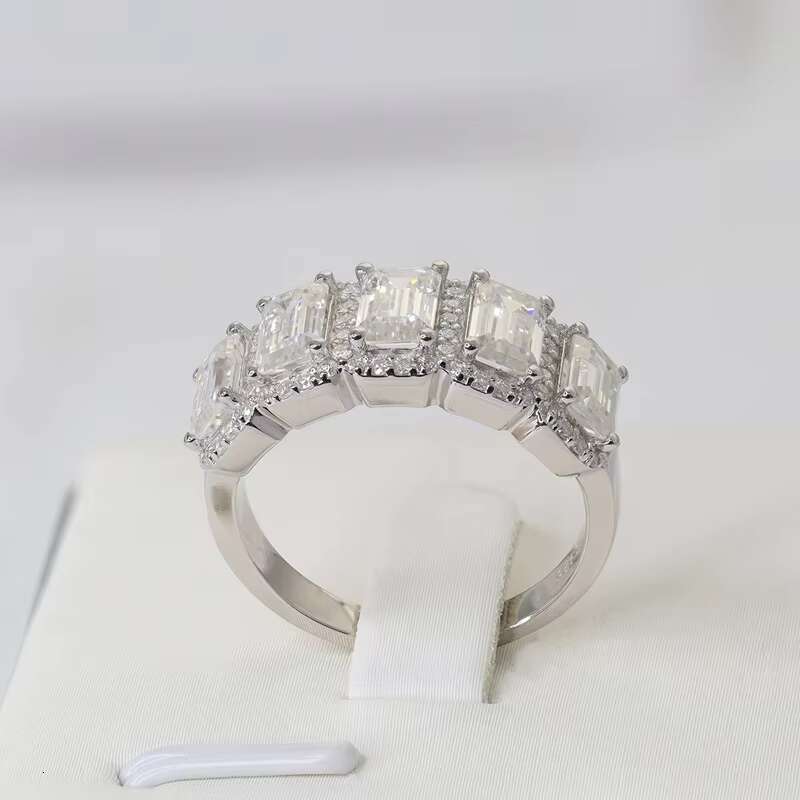 Paston Jewelry Half Eternity Ring Moissanite Rings 925 Sterling Silver 4*6mm Emerald Cut Moissanite Band for Women