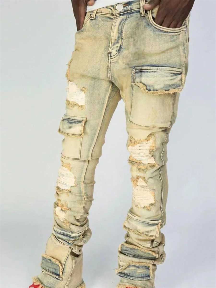 Men Ripped Denim Pants Distressed Skinny Cargo Pants Casual Trousers with Pockets for Streetwear Autumn Spring Clothes Punk Y2K Z250605