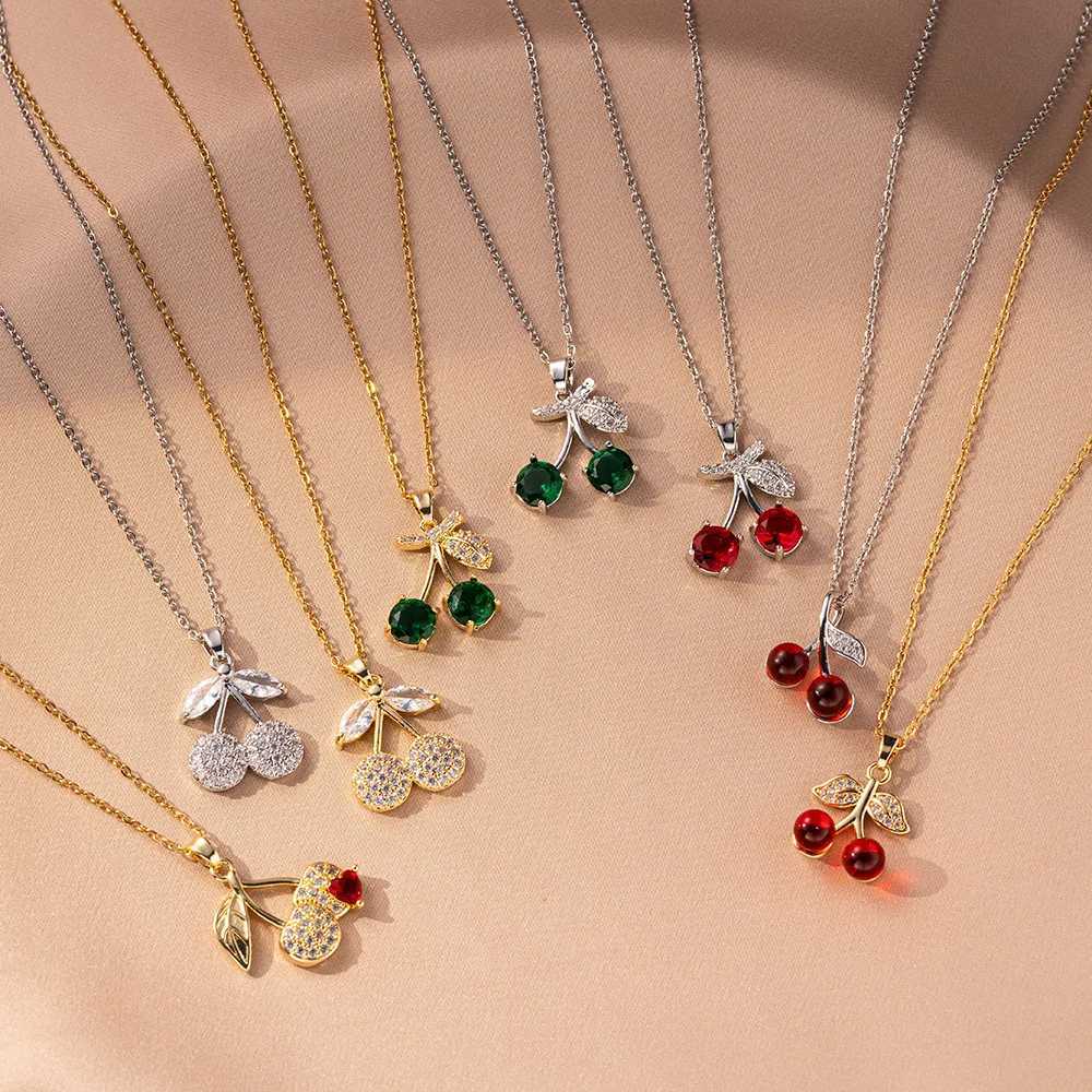 Shiny Cute Zircon Cherry Pendant Necklaces for Women Girls Stainless Steel Chain Kpop Sweet Collar Jewelry Accessories Gifts Y250605