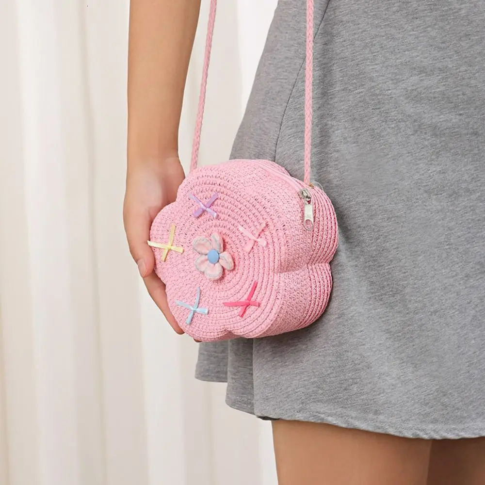Durable Straw Shoulder Bags Flower Handmade Mini Coin Purse with Bow Messenger Bag for Kids Girls 250605