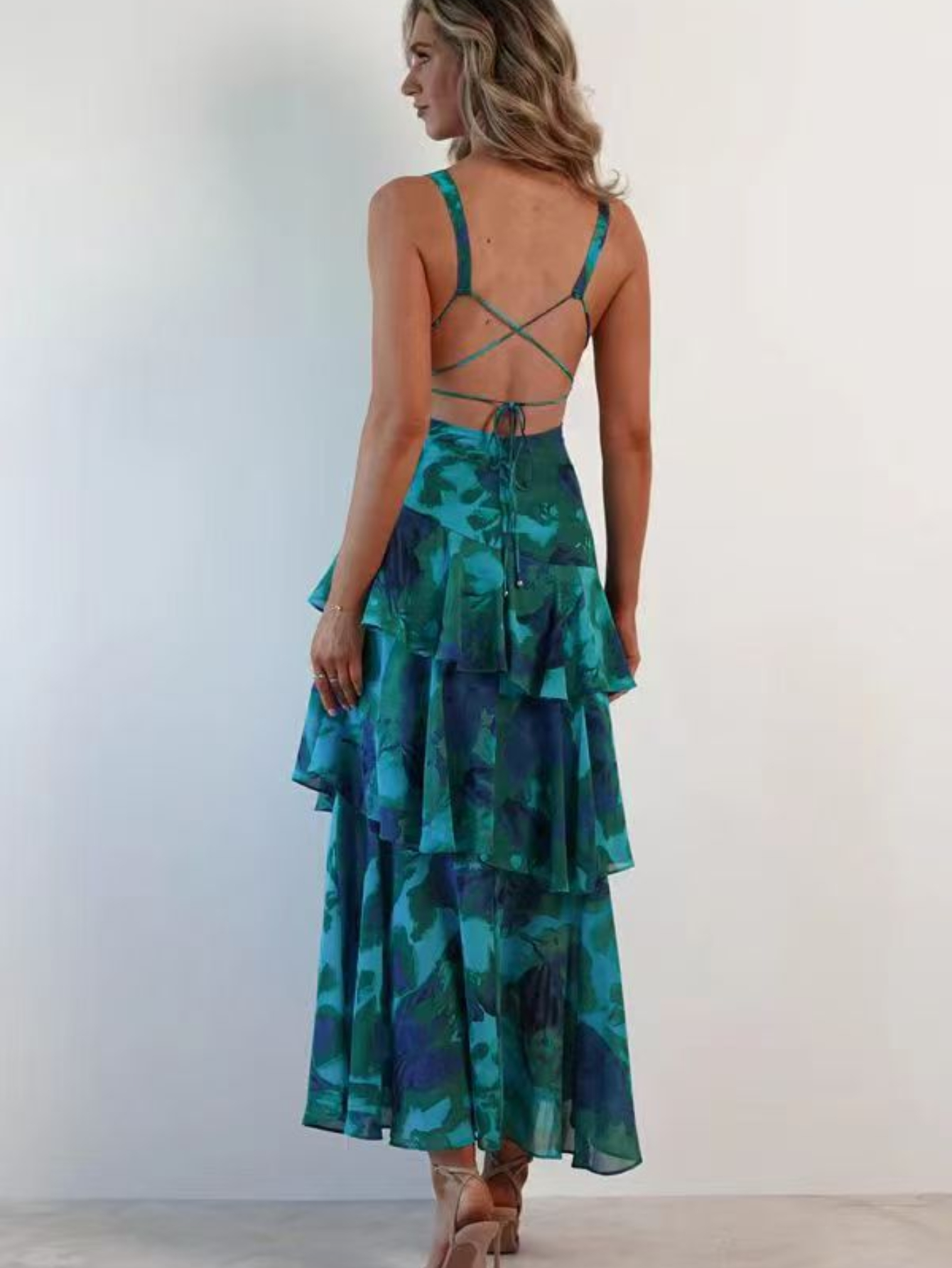 Sexy Tierred Ruffles Chiffon Prom Party Dresses For Women Floral Print A Line Maxi Dress Corset Back Sundress