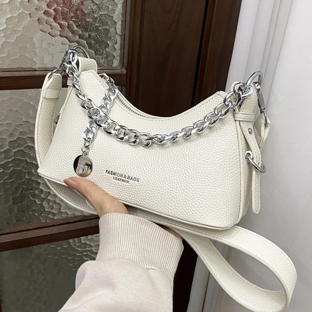 Summer Women Chains Crossbody Bag Korean Simple Solid Zipper Underarm Bags Daily All-Match Commute One Shoulder Packs 250605
