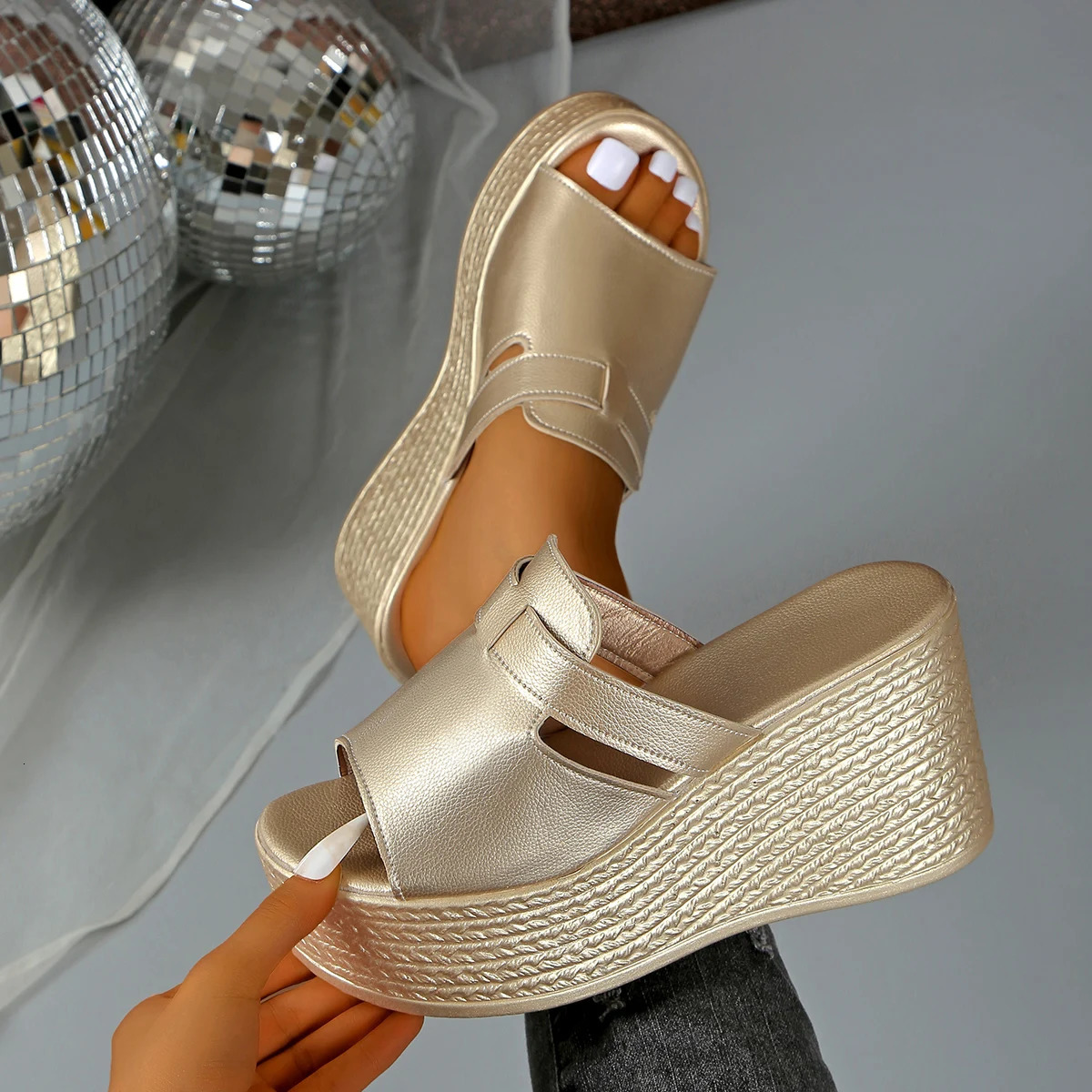 Shoes Woman 2025 Slippers for Swimming Pool Golden Wedge Peep Toe Round Headed Comfortable Beach Shoes Size 35-43 250605