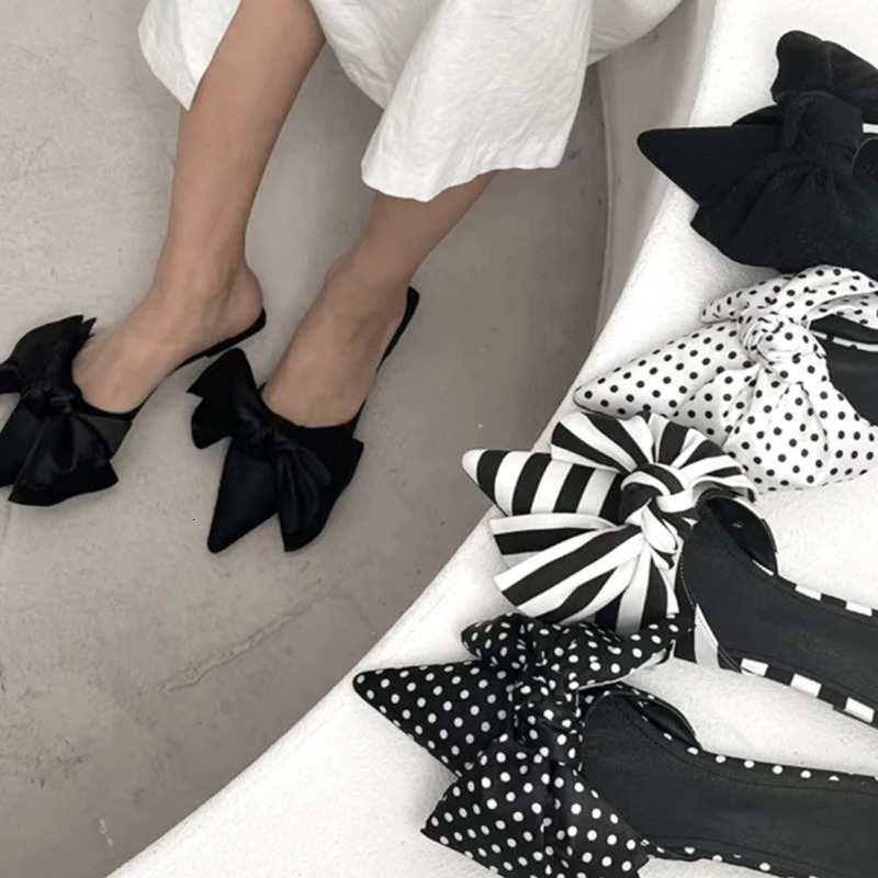 Summer Concise Pointed Toe Women Slippers Fashion Butterfly-knot Flats Party Mules Slide Shoes 250605