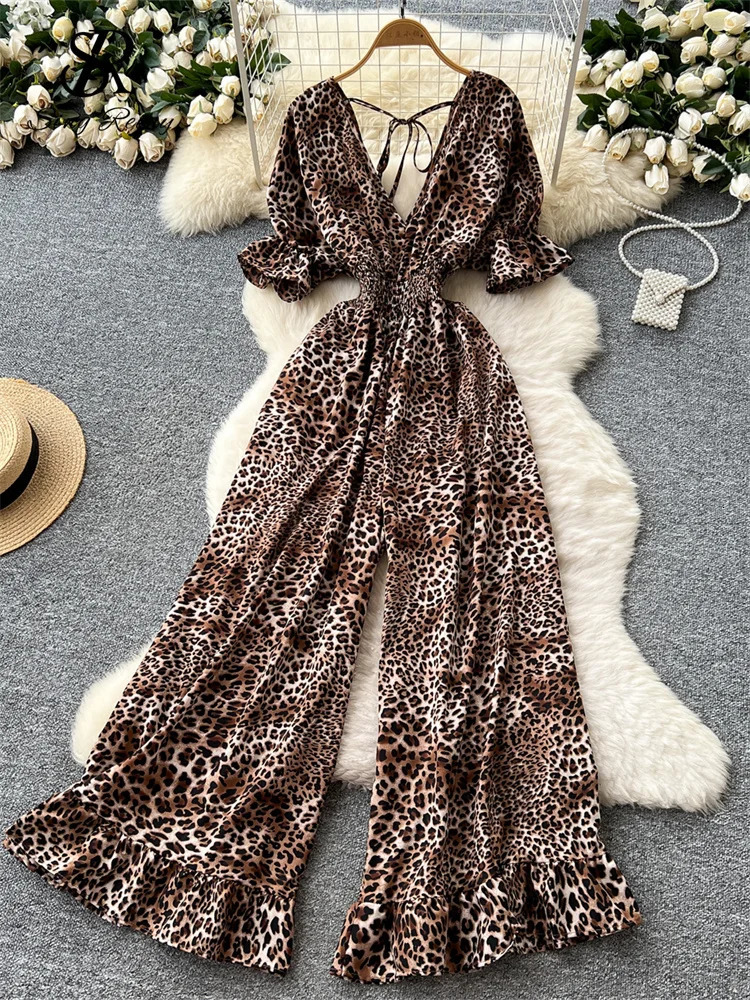 SINGREINY Summer Streetwear Jumpsuit Female V Neck Flared Sleeves Elastic Waist Slim Fit Fashion Leopard Print Long Rompers 250530