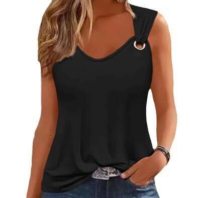 Summer Fashion Sexy Simple Metal Buckle V-Neck Sleeveless Women's Solid Color Sweet Vest B5