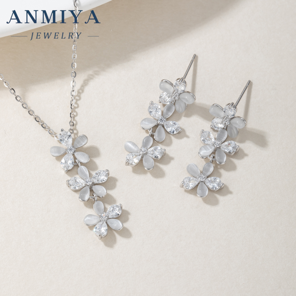 Korean Style Fine Long Flower Dainty 925 Sterling Silver Earrings Necklaces Set for Women Wholesale