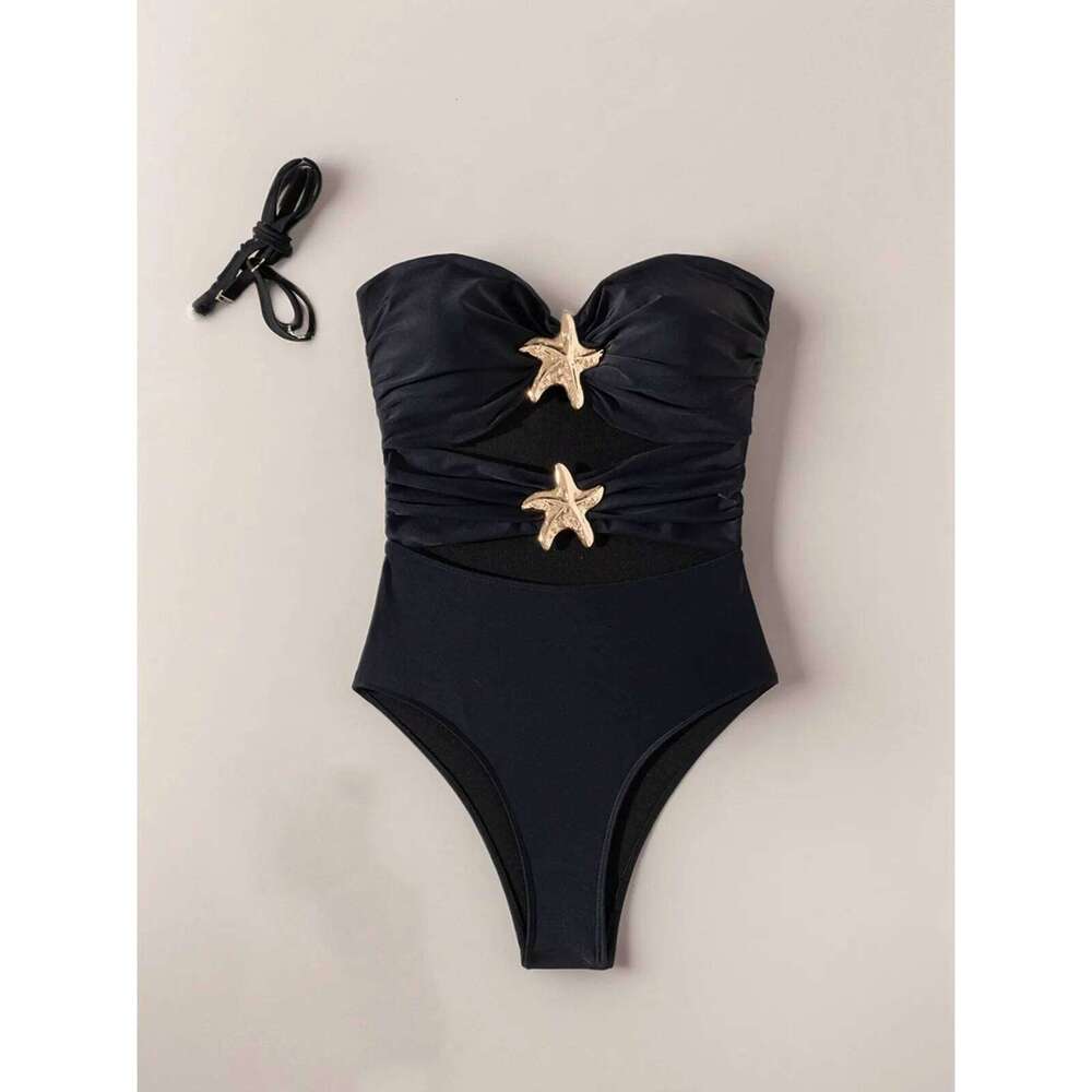 Solid Color Black One Piece Swimsuit for Women Starfish Strapless High Waist Hollow Out Bikini Monokini Beach Swimwear 2025 New