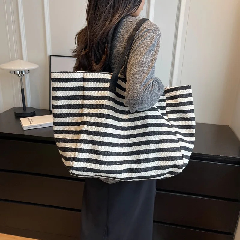 Casual Striped Canvas Bag For Women Large Capacity Shoulder Bag Daily Shopping Student Bookbag for School Travel Beach Bag 250530