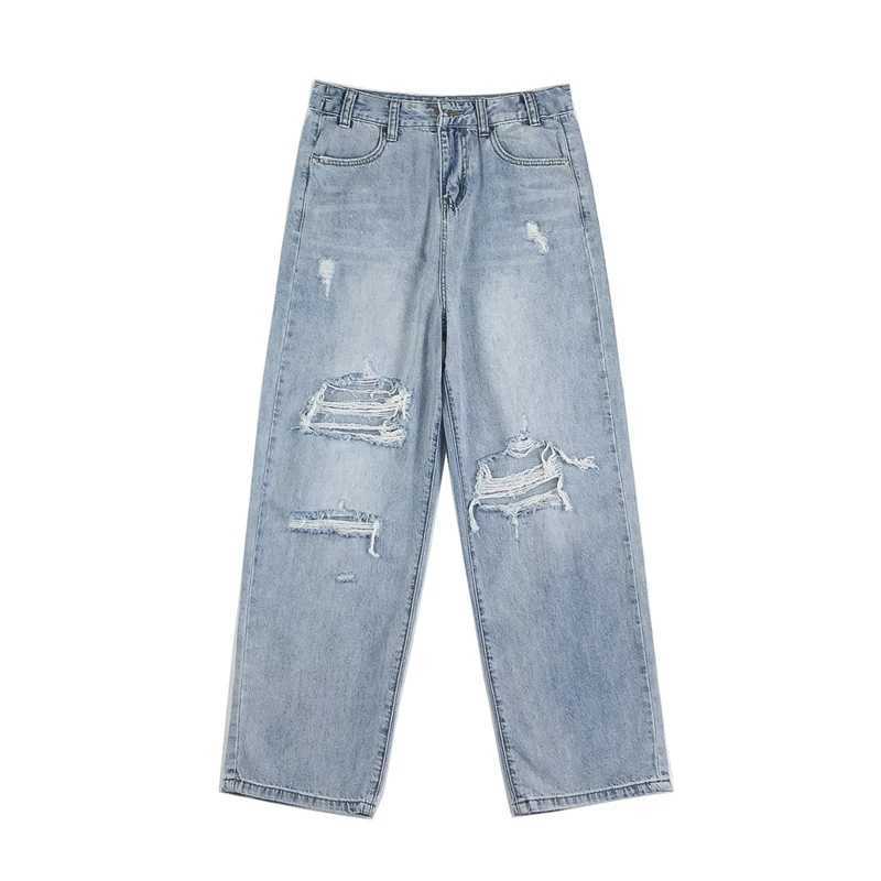 Summer Mens Ripped Jeans Blue Loose Fit Hole Wide-leg Pants Casual Fashion Trousers Streetwear Denim Mens CloTHing Z250605