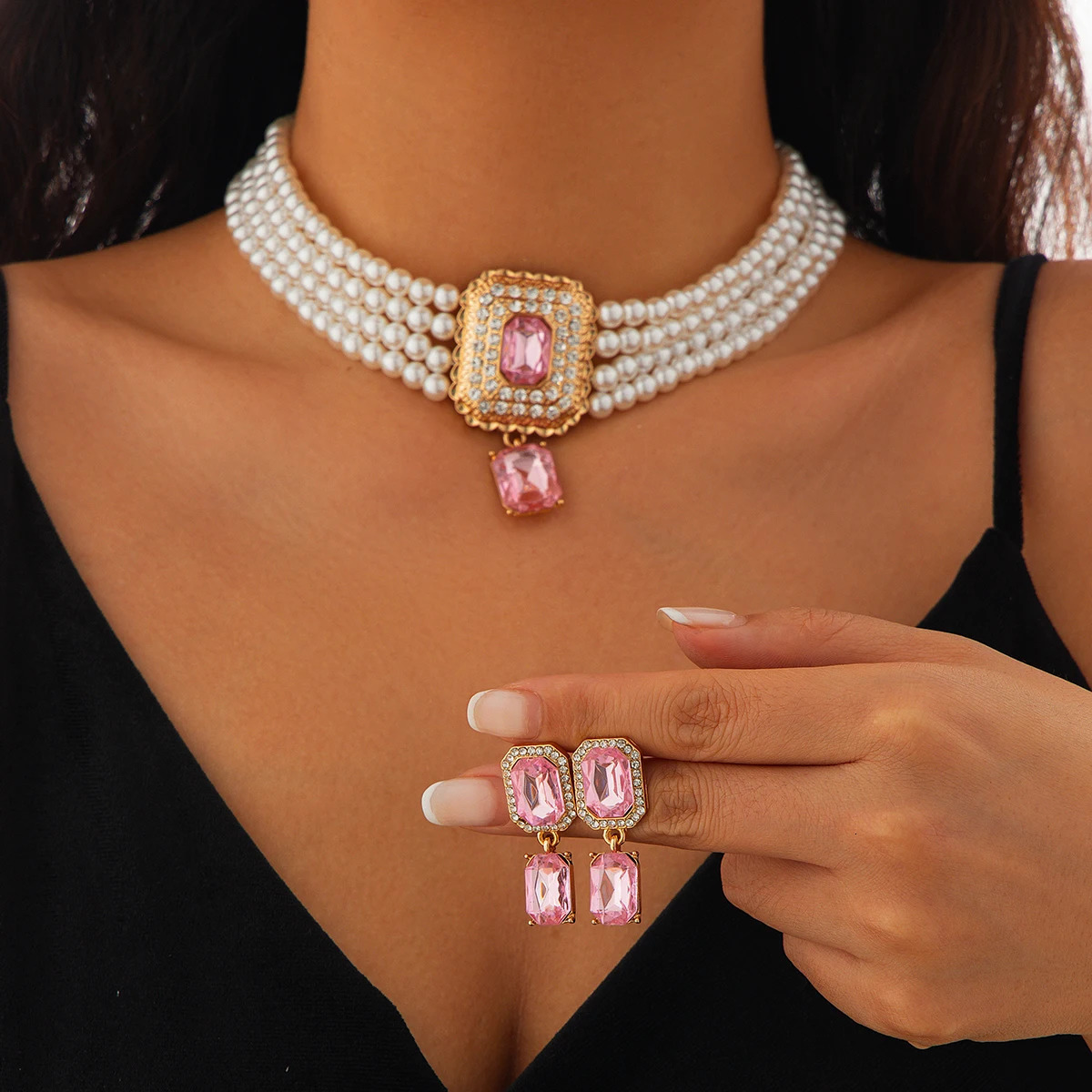 SHIXIN 2Pcs Multilayer Imitation Pearl Choker Necklace Earrings Bridal Green Rhinestone Neck Chain Wedding Jewelry Set 250618