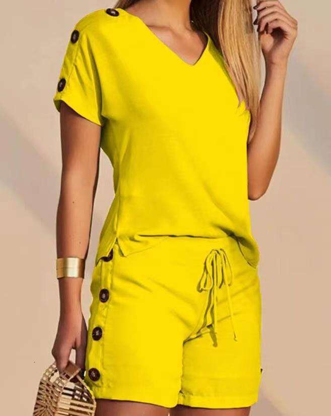 Summer Women's Casual Fashion Solid Color Comfortable V-Neck Top + Button Decorated Shorts Two-Piece Set B5