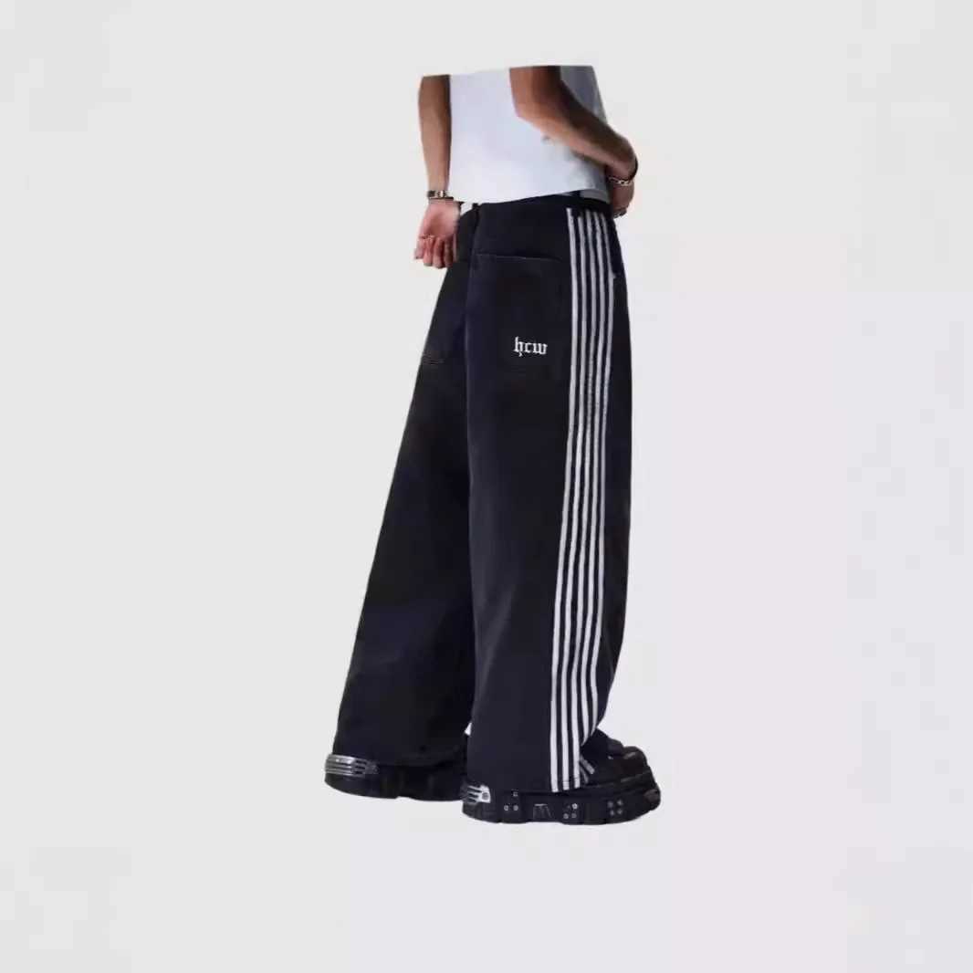 2025 Mens Jean Fashion Striped Harajuku Jeans Women Hip Hop Streetwear Casual Wide Leg Jeans Vintage Jean Z250605