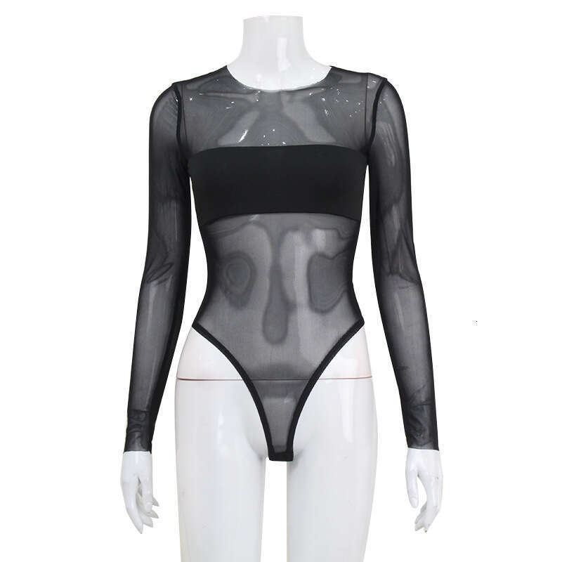 Trendy Women's Fashion Mesh Patchwork Sheer Long Sleeve Bodycon Jumpsuit Sexy Base Shirt B5