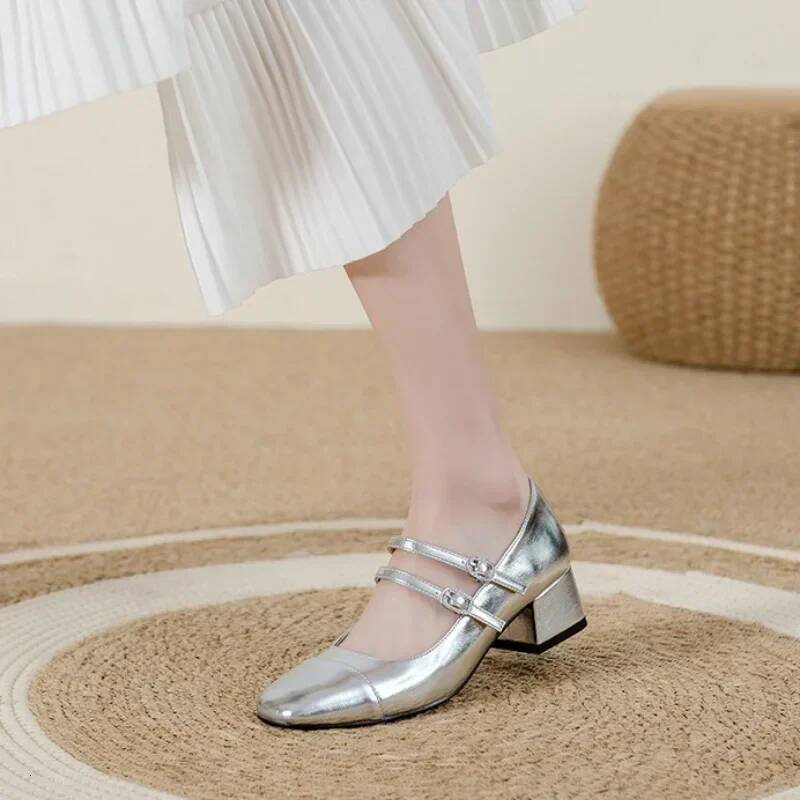 Ddmyoutdoor Women S Fashion Mary Janes Autumn Sliver Leather Buckle Mid Heels Dress Square Toe Shallow Chunky Heels Shoes Outdoor Shoes