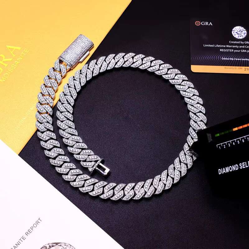14MM Silver 925 Cuban Link Chain Iced Out VVS Moissanite Diamond Rhombus Chain Necklace Men Hiphop Necklace 2023