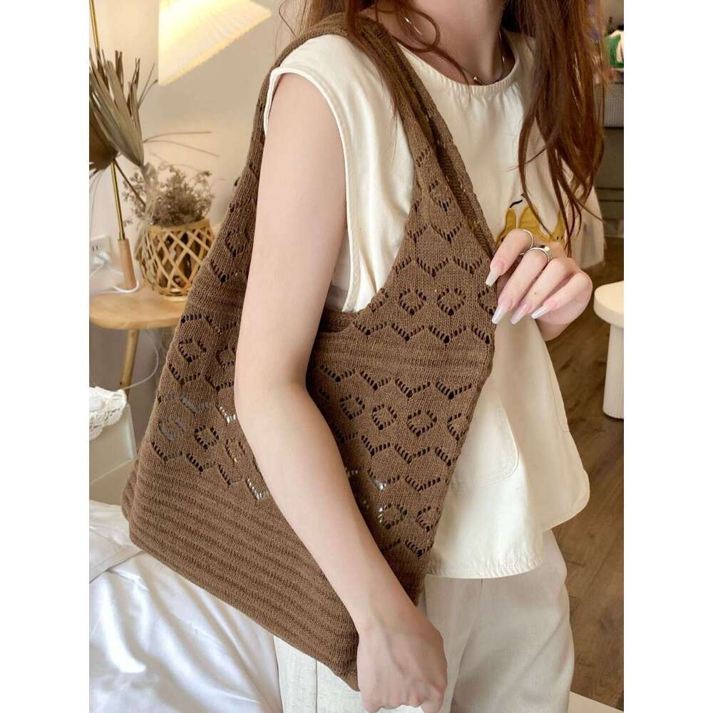 New Knitted Mesh Hollow Handwoven Shoulder Yarn Handbag Shopping Women's Bag B5