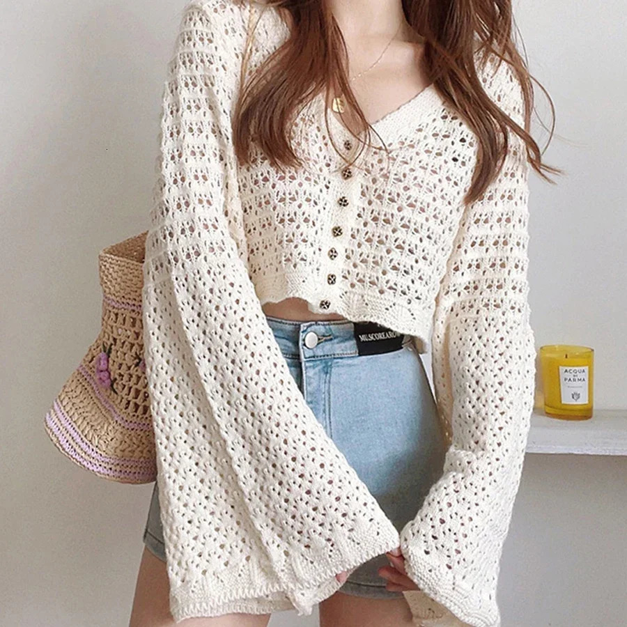 2025 Chic Korean Fashion Short Cardigans Knitted Poncho Women Summer Elegant Vintage Minimalist Lady Tops 250530