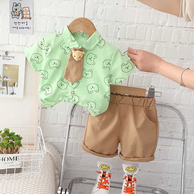 New Summer Baby Girls Boys Clothes Suits Boys Cartoon Bear Tie T Shirt Short 2Pcs/Set Toddler Fashion Children Clothes Suit R250606