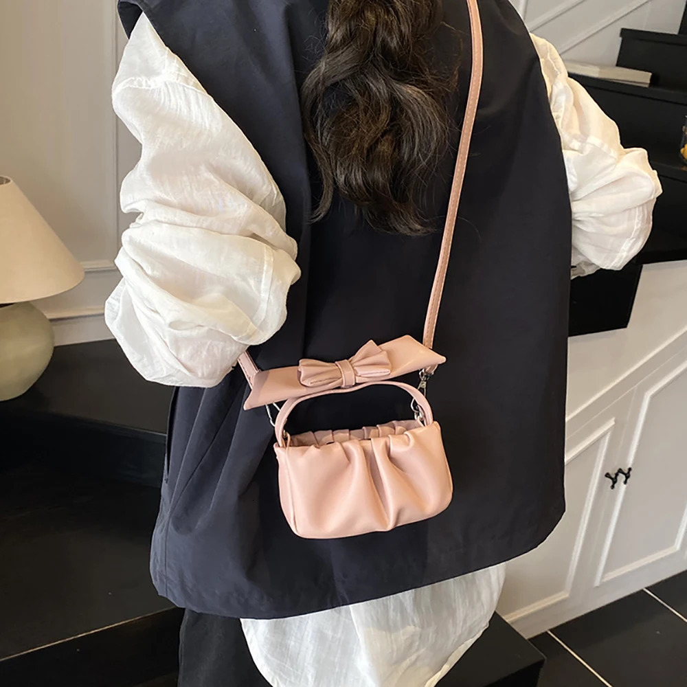 Korean Style Cute Bow Square Crossbody Bag Women Fashion Delicate Pleated Zipper Solid Color One Shoulder Bags Commute Handbags 250605