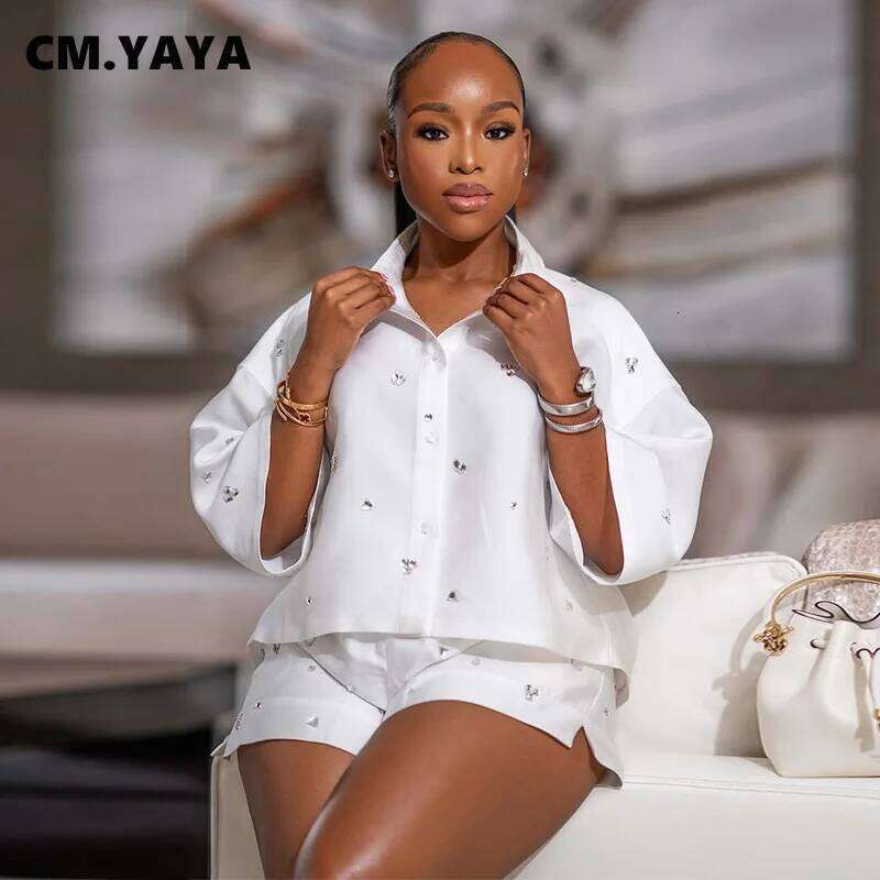 CM.YAYA Fashion Beading Women's Set 3/4 Sleeve Shirt Tops and Shorts 2025 Summer Street Two 2 Piece Sets Outfits Tracksuit