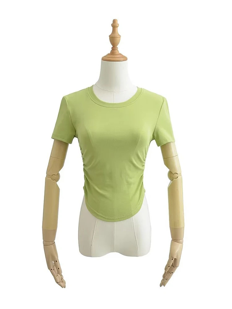 Harajuku Women Crew Neck Short Sleeve Cotton Tee With Ruched Sides Detail T-shirts 250530