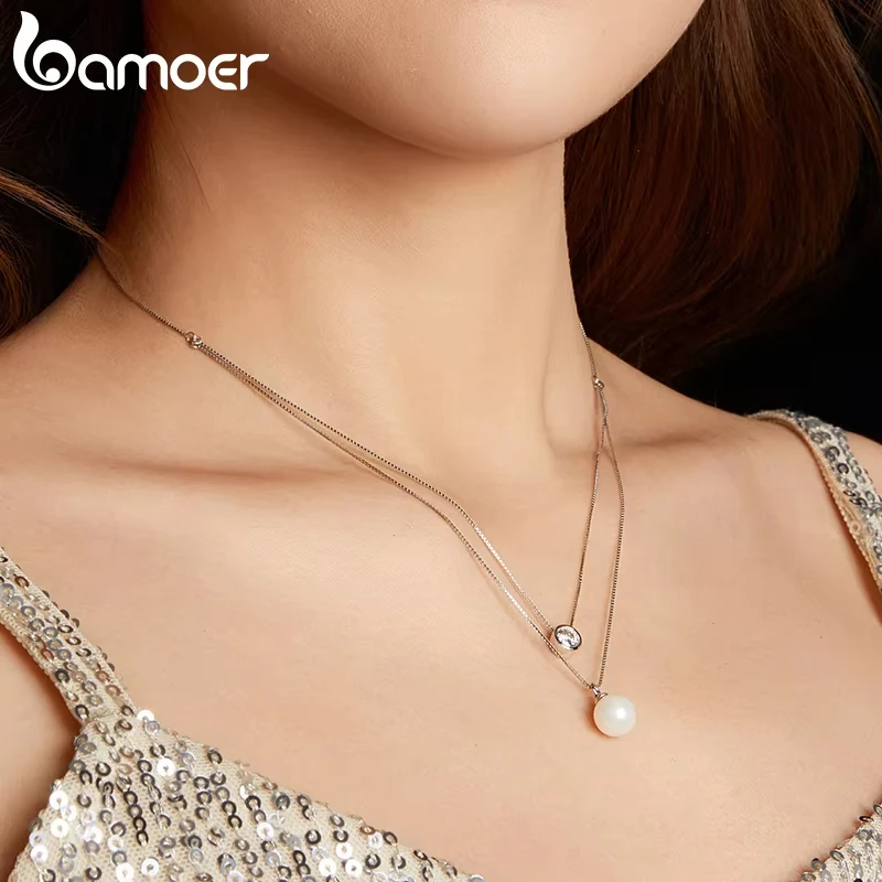 BAMOER Moissanite Pearl Necklaces for Women, Dainty Real 925 Sterling Silver Choker Double Layer Necklace Elegant Jewelry Necklaces