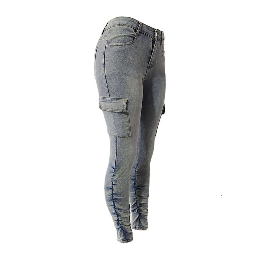 LW Plus Size High Waist Side Flap Pocket Cargo Women Zipper Ruched Design Jeans Causal Skinny Long Trouser